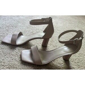 Marc Fisher Leather T-Strap Beige Slingback BlockHeel Sandals 11M